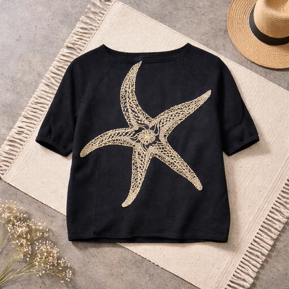 VTG 2001 Michael Simon Beaded Starfish Knit Sweater Black Large Size L Coastal